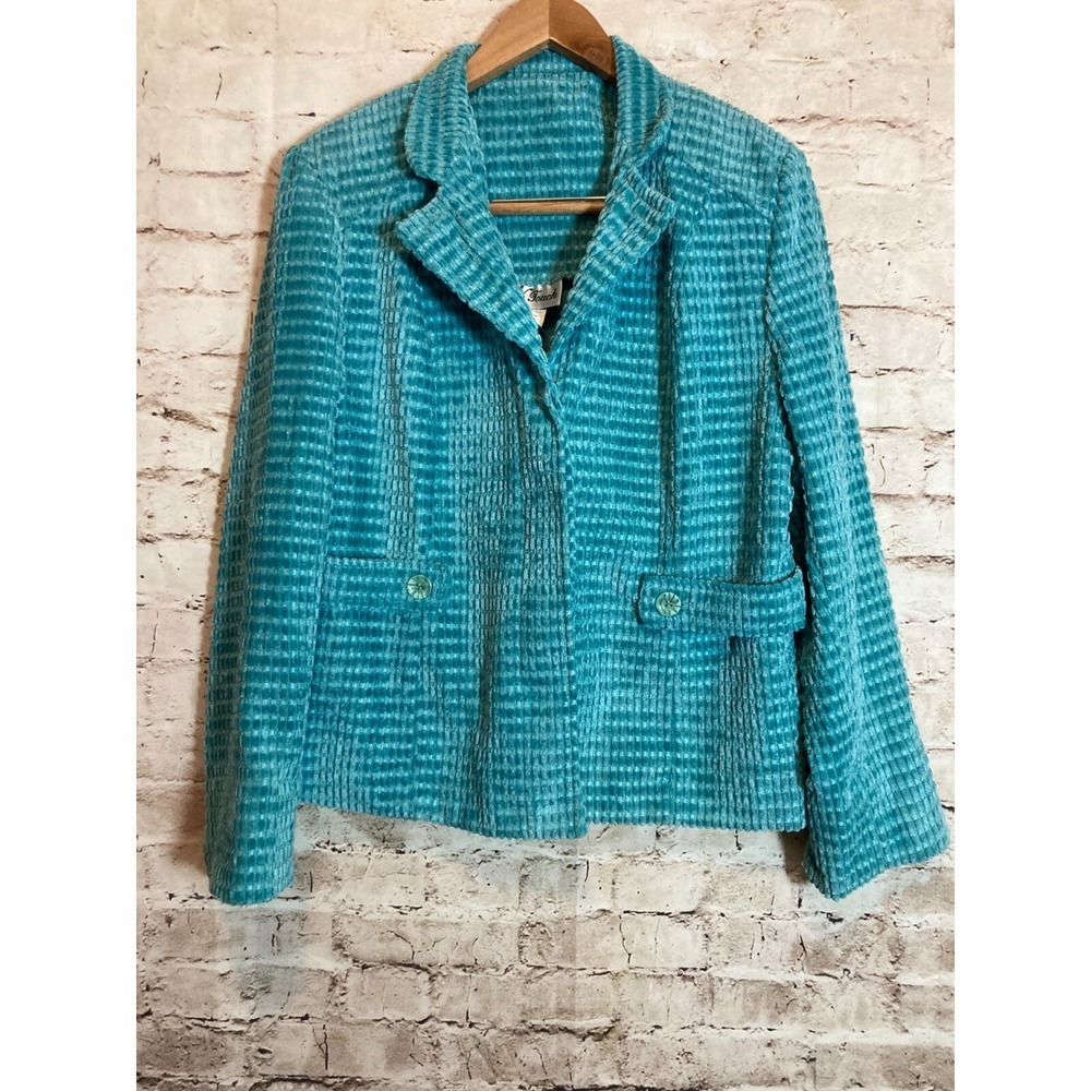 N Touch Velvet Blazer Jacket Womens 8 Turquoise Textured Button Front Artsy